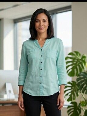 JM Collection 14 Petite Aqua Blue  Linen And Cotton Top